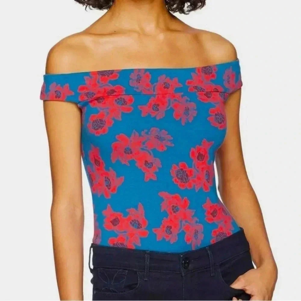 Free People Blue Red Floral "So Much" Off-The-Shoulder Thong Bodysuit: Medium